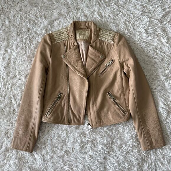 Maje Vicky Cotton-Trimmed Leather Biker Jacket Size 38 US M - Picture 6 of 12